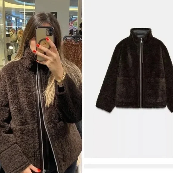 Zara NWT faux shearling double faced jacket dark brown ZW Collection 3548/242 - Picture 12 of 13